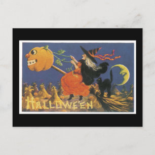 Postal Gato negro de Halloween y bruja
