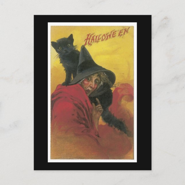 Postal Gato negro de Halloween y bruja (Anverso)