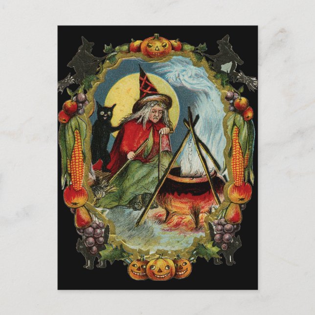 Postal Gato negro de Halloween y bruja (Anverso)