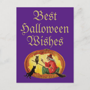 Postal Gato negro de Halloween y bruja