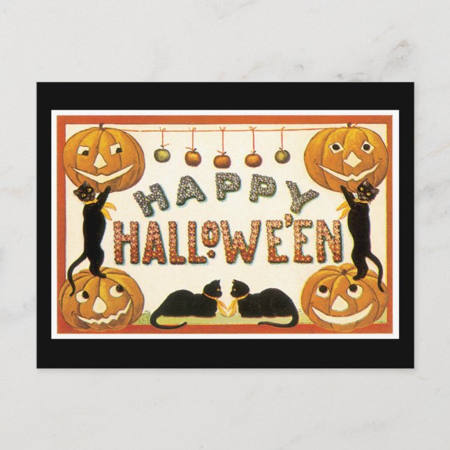 Postal Gato negro de Halloween y calabaza (Anverso)