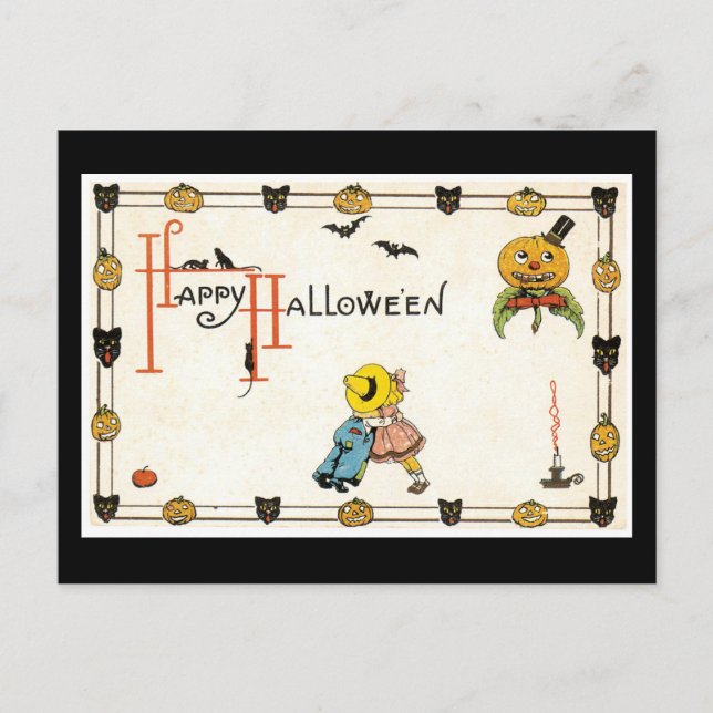 Postal Gato negro de Halloween y calabaza (Anverso)