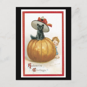 Postal Gato negro de Halloween y calabaza