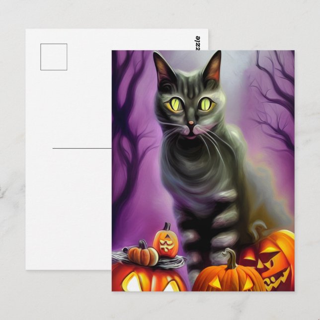 Postal Gato negro de Halloween y calabazas talladas (Anverso / Reverso)