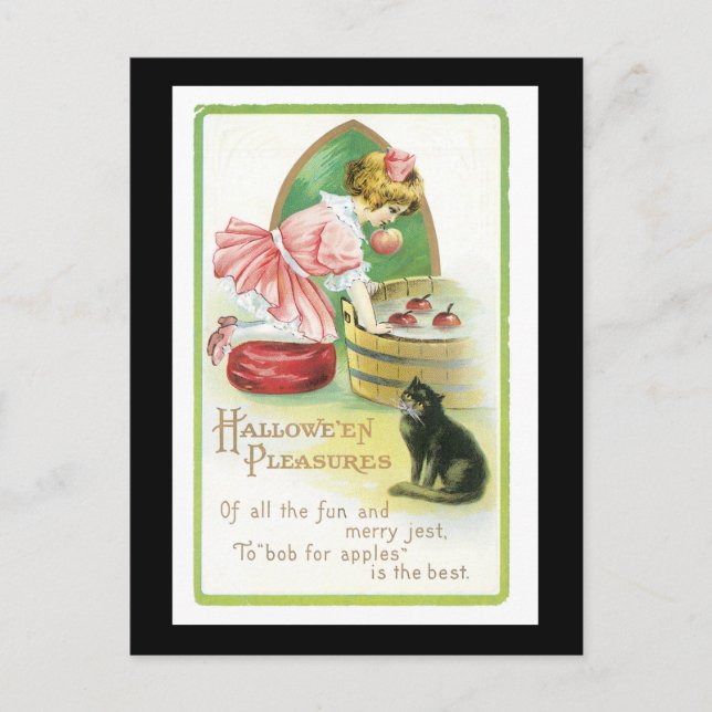 Postal Gato negro de Halloween y Chica (Anverso)