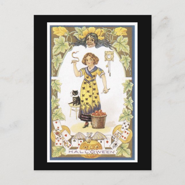 Postal Gato negro de Halloween y Chica (Anverso)