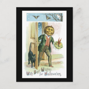 Postal Gato negro de Halloween y hombre calabaza