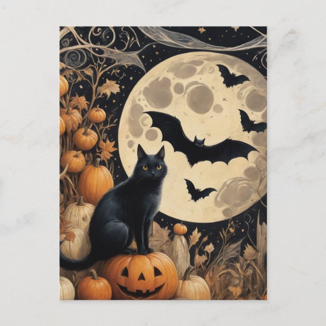 Postal Gato negro de Halloween y murciélagos (Anverso)