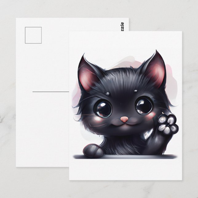 Postal Gato negro de Kawaii Adorable (Anverso / Reverso)