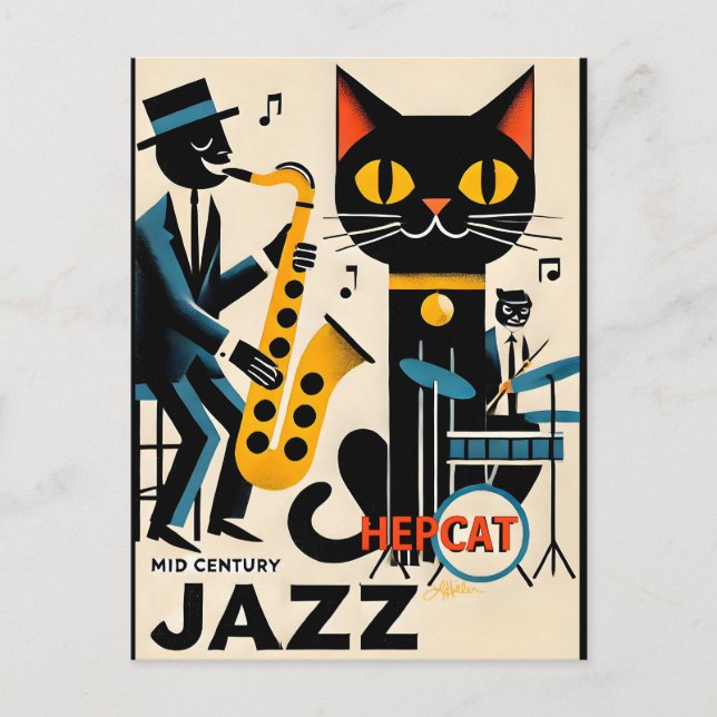 Postal Gato negro de la edad de jazz de mediados del sigl (Anverso)