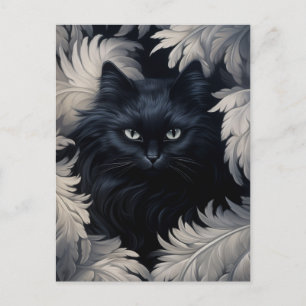 Postal Gato Negro De Mugre Cubierto Rodeado De Plumas Bla