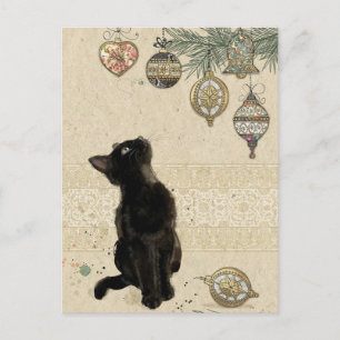 Postal Gato negro de Navidad vintage mirando los adornos