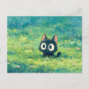 Postal Gato Negro de Ojos Grandes de Pradera Verde Menta