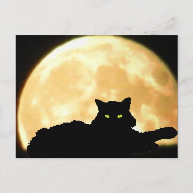 Postal Gato negro de reclinación y Luna Llena (Anverso)