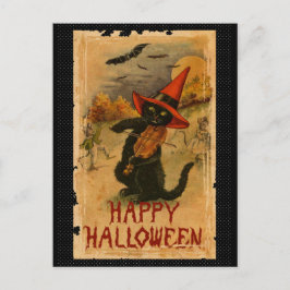 Postal Gato negro del feliz Halloween que juega palos del