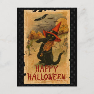 Postal Gato negro del feliz Halloween que juega palos del
