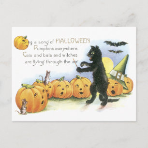 Postal Gato Negro Dirigiendo el Coro de Jack O' Lantern e