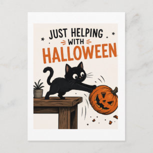 Postal Gato negro divertido derribando una calabaza de Ha