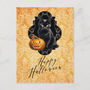 Postal Gato negro dulce de Halloween y calabaza