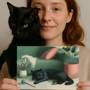 Postal Gato negro durmiendo / Sueños de hierba gatera