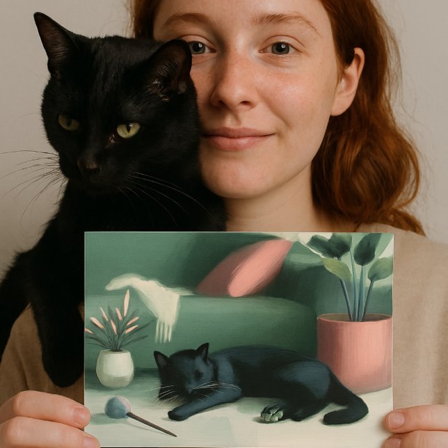 Postal Gato negro durmiendo / Sueños de hierba gatera (“For the ones who carry love on their shoulders. A postcard for black cat lovers. AI created)