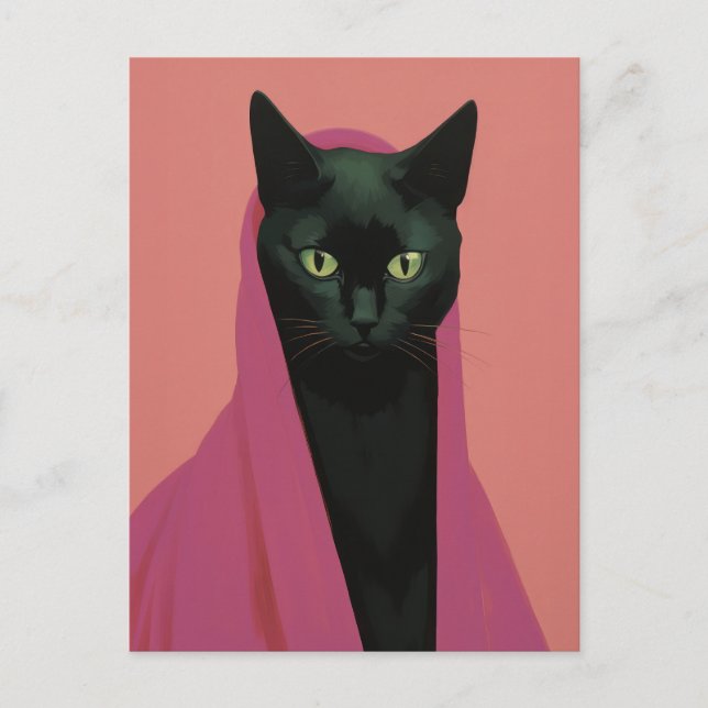 Postal Gato negro elegante en rosa (Anverso)