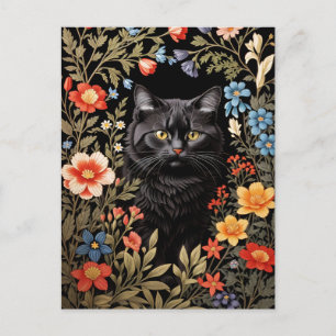 Postal Gato Negro Elegante Floral Colorido
