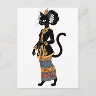 Postal Gato Negro en Arte Tradicional de Kebaya en Batik