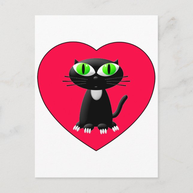 Postal Gato Negro En Corazón Rojo (Anverso)