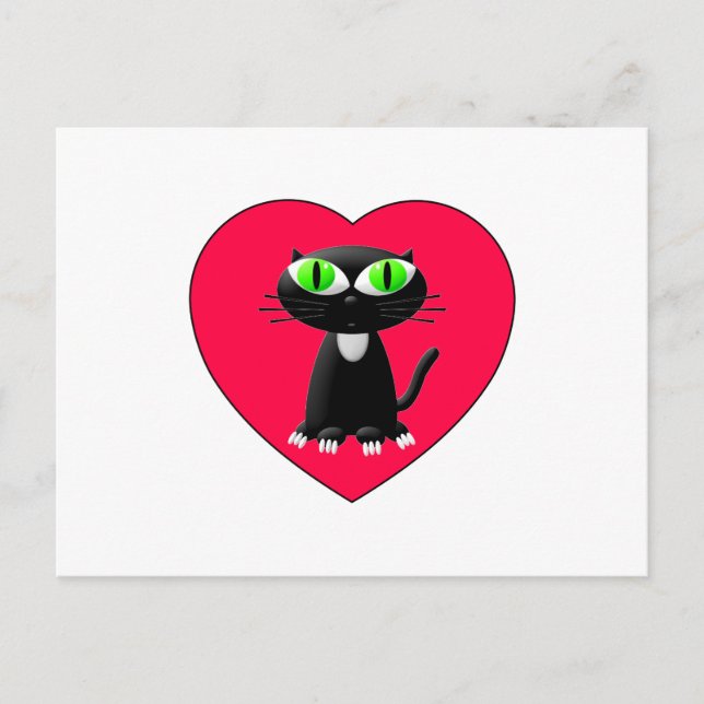 Postal Gato Negro En Corazón Rojo (Anverso)