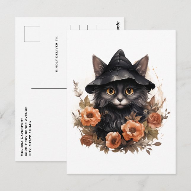 Postal Gato negro en el sombrero de una bruja negra Hallo (Anverso / Reverso)
