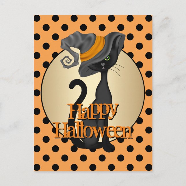 Postal Gato negro en Gorra bruja Feliz Halloween (Anverso)