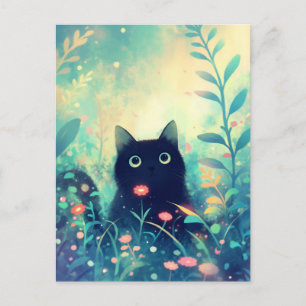 Postal Gato Negro en Jardín Mágico de Flores Silvestres T