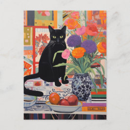 Postal Gato negro en la mesa con libros de flores fruta