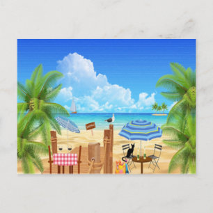 Postal Gato Negro En La Playa