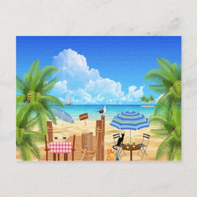 Postal Gato Negro En La Playa (Anverso)