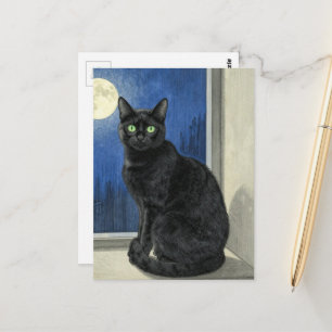 Postal Gato negro en la ventana en una noche lluviosa