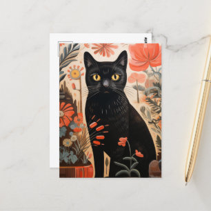 Postal Gato negro en las plantas