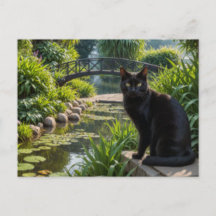 Postal Gato negro en un jardín