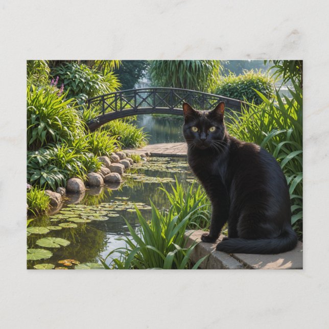 Postal Gato negro en un jardín (Anverso)