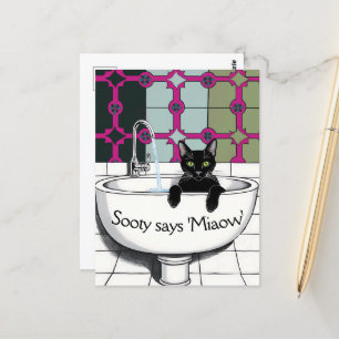 Postal Gato negro en un rosado, lavar la habitación, lava