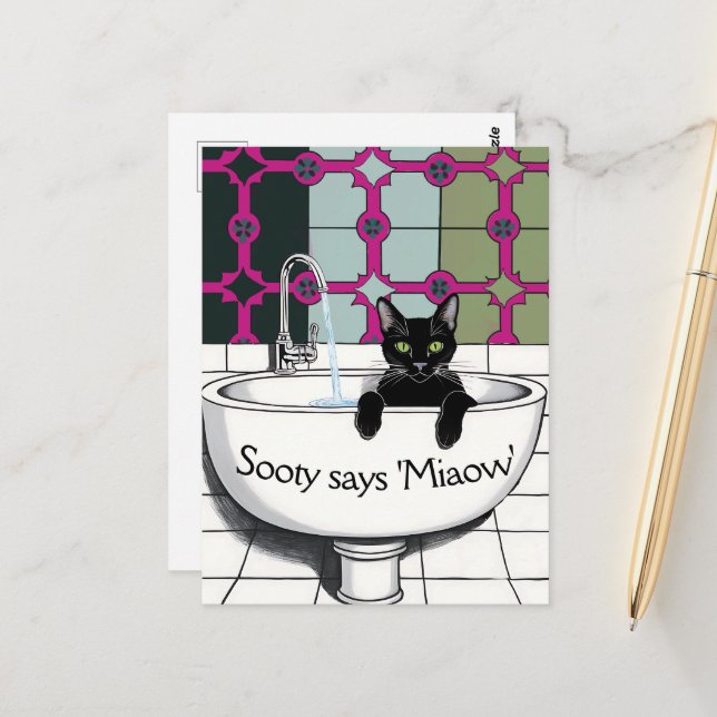 Postal Gato negro en un rosado, lavar la habitación, lava (Anverso/Reverso In Situ)