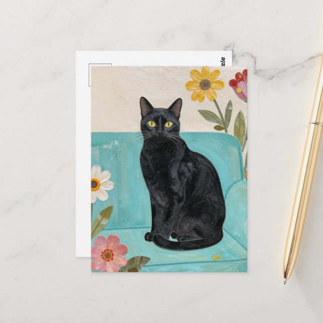 Postal Gato Negro en un Sofá Azul (Anverso/Reverso In Situ)