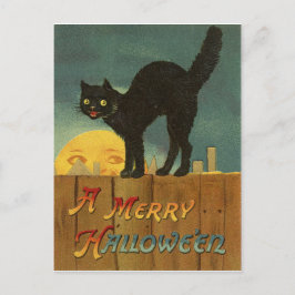 Postal Gato negro en una cerca en la noche de Halloween,