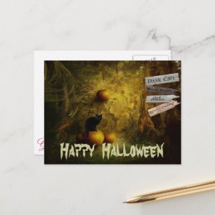 Postal Gato negro espeluznante, Halloween de calabaza