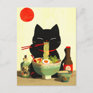 Postal Gato negro feliz comiendo ramen   Ukiyo-e japonés