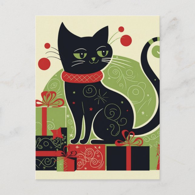 Postal Gato negro festivo (Anverso)