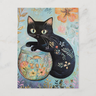 Postal Gato negro floral con pez dorado 