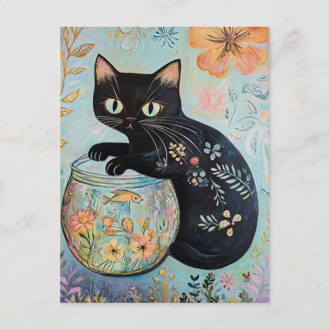 Postal Gato negro floral con pez dorado  (Anverso)