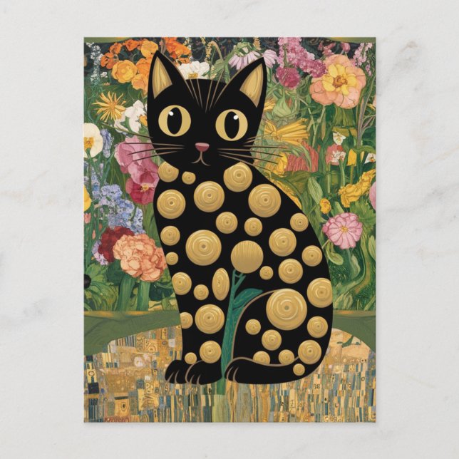 Postal Gato negro floral de Gustav Klimt Arte moderno ecl (Anverso)